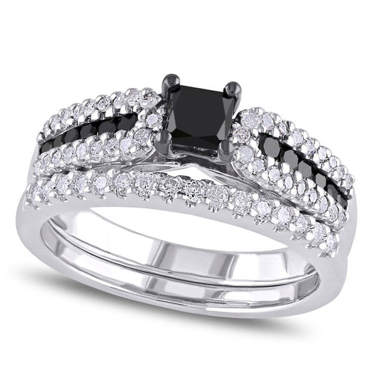 1.0 CT. T.W. Enhanced Black and White Natural Diamond Bridal Engagement Ring Set in Sterling Silver