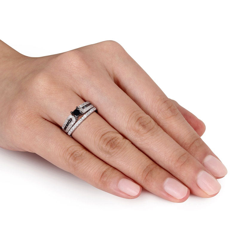 1.0 CT. T.W. Enhanced Black and White Natural Diamond Bridal Engagement Ring Set in Sterling Silver