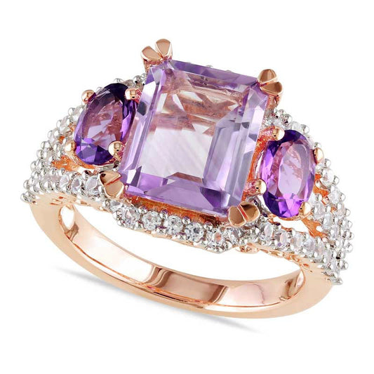 Emerald-Cut and Oval Amethyst and Lab-Created White Sapphire Ring in Rose Rhodium Sterling Silver