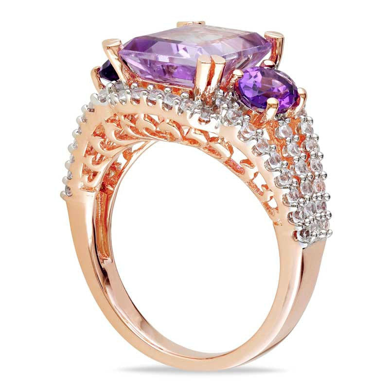 Emerald-Cut and Oval Amethyst and Lab-Created White Sapphire Ring in Rose Rhodium Sterling Silver