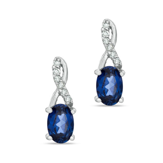 Oval Lab-Created Blue Sapphire and Diamond Accent Twist Earrings in 10K White Gold