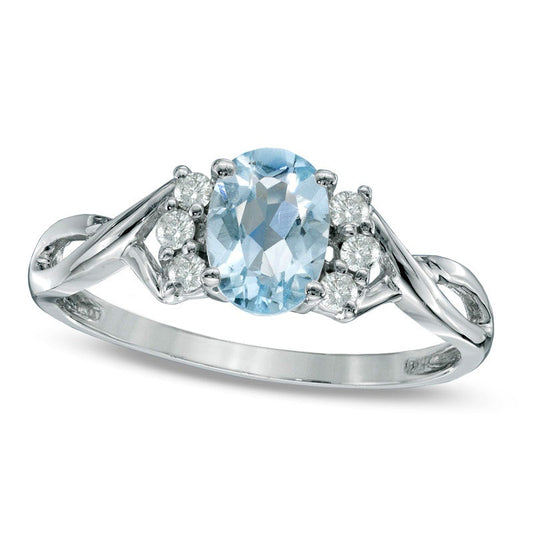 Oval Simulated Aquamarine and 0.13 CT. T.W. Natural Diamond Ring in Solid 10K White Gold