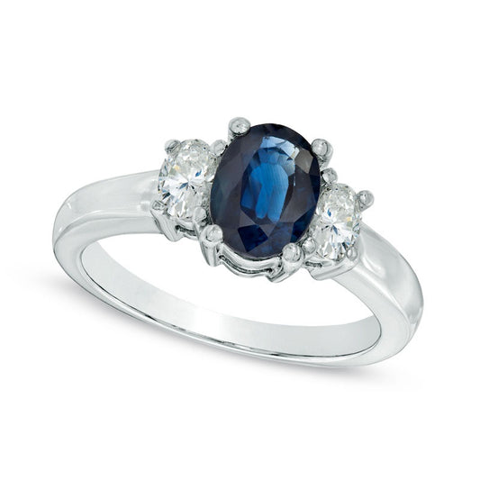 Oval Blue Sapphire and 0.38 CT. T.W. Natural Diamond Three Stone Ring in Solid 14K White Gold