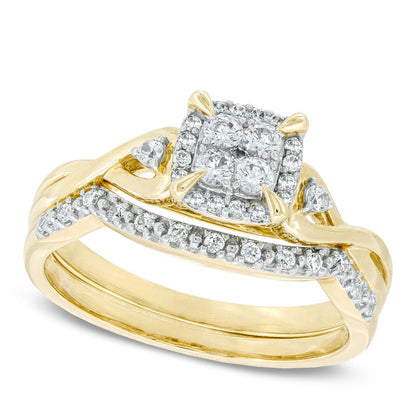 0.33 CT. T.W. Quad Natural Diamond Frame Bridal Engagement Ring Set in Solid 10K Yellow Gold