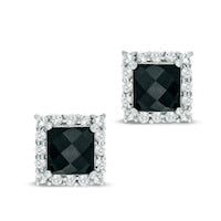 6.0mm Princess-Cut Onyx and Lab-Created White Sapphire Frame Stud Earrings in Sterling Silver
