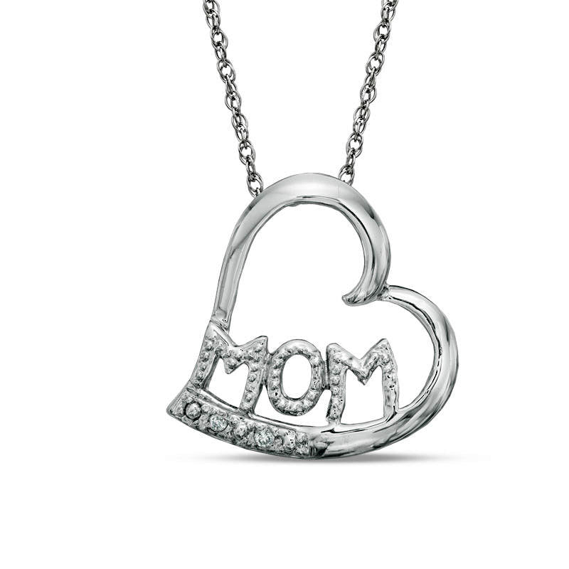 Natural Diamond Accent Tilted Heart with "MOM" Pendant in 10K White Gold