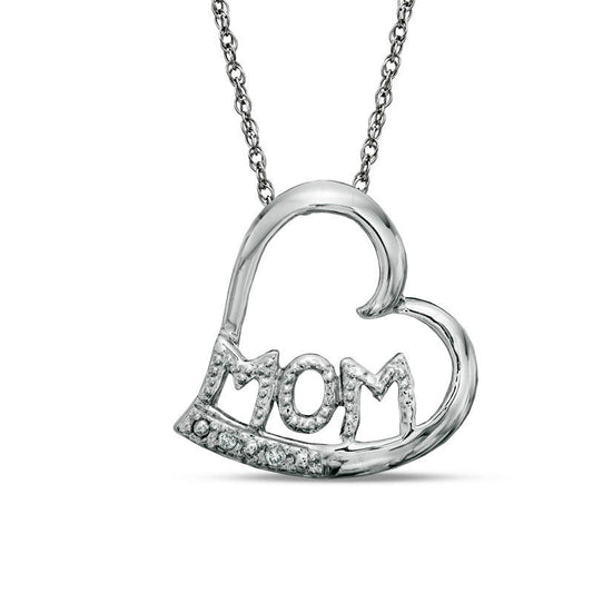 Natural Diamond Accent Tilted Heart with "MOM" Pendant in 10K White Gold