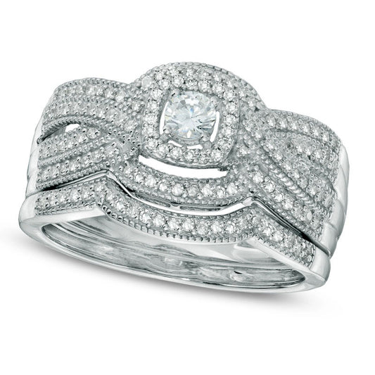 0.50 CT. T.W. Natural Diamond Layered Antique Vintage-Style Frame Bridal Engagement Ring Set in Solid 14K White Gold