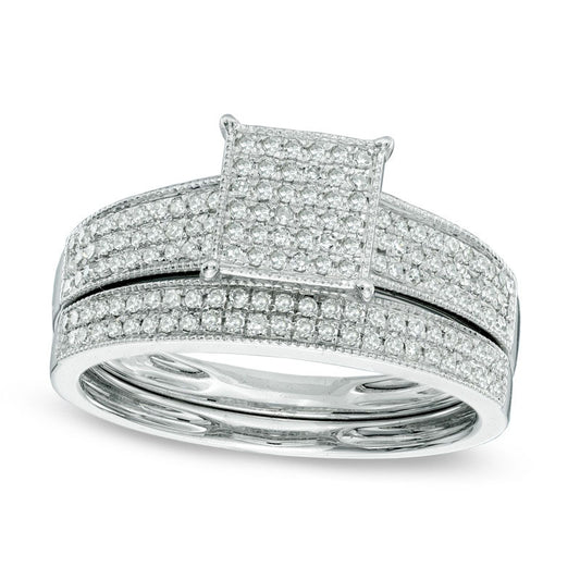 0.33 CT. T.W. Natural Diamond Square Composite Antique Vintage-Style Bridal Engagement Ring Set in Solid 10K White Gold