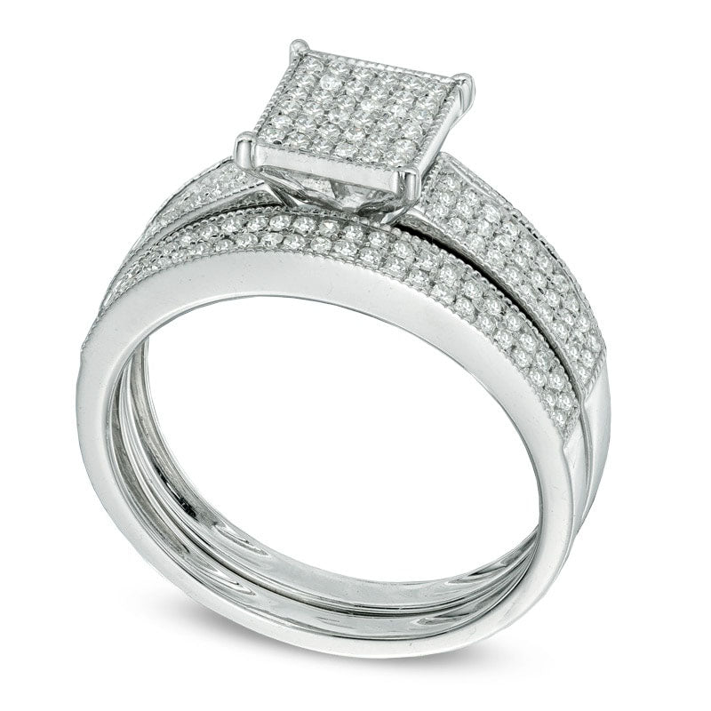 0.33 CT. T.W. Natural Diamond Square Composite Antique Vintage-Style Bridal Engagement Ring Set in Solid 10K White Gold