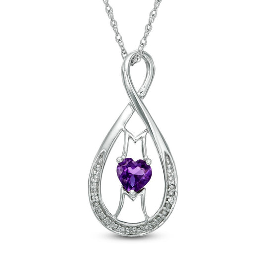 5.0mm Heart-Shaped Amethyst and Natural Diamond Accent "MOM" Infinity Pendant in Sterling Silver