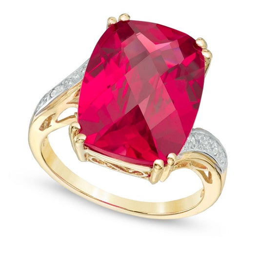 Cushion-Cut Lab-Created Ruby and Diamond Accent Ring in Solid 10K Yellow Gold