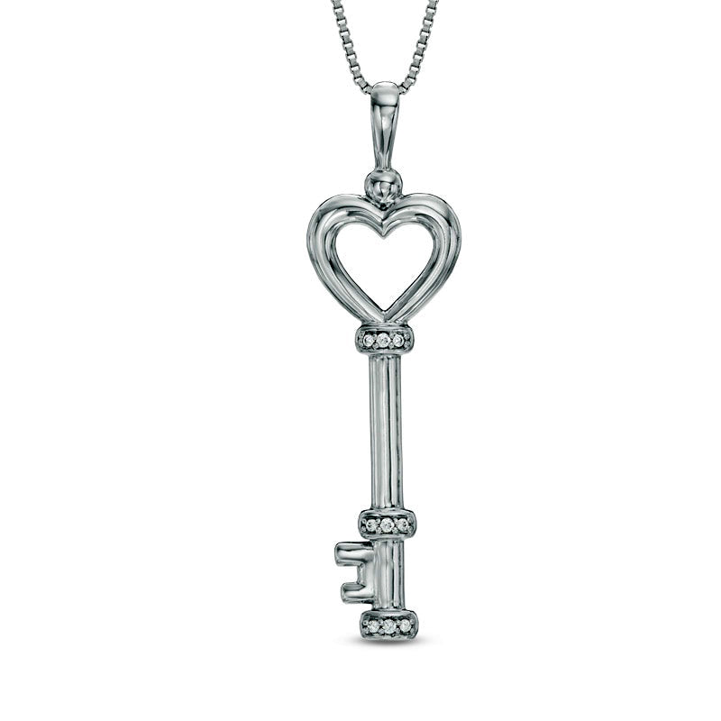 Natural Diamond Accent Heart Top Key Pendant in Sterling Silver