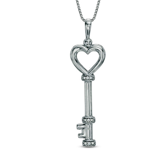 Natural Diamond Accent Heart Top Key Pendant in Sterling Silver