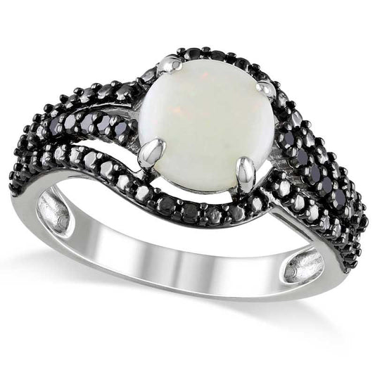 8.0mm Opal and 0.10 CT. T.W. Enhanced Black Natural Diamond Swirl Ring in Sterling Silver