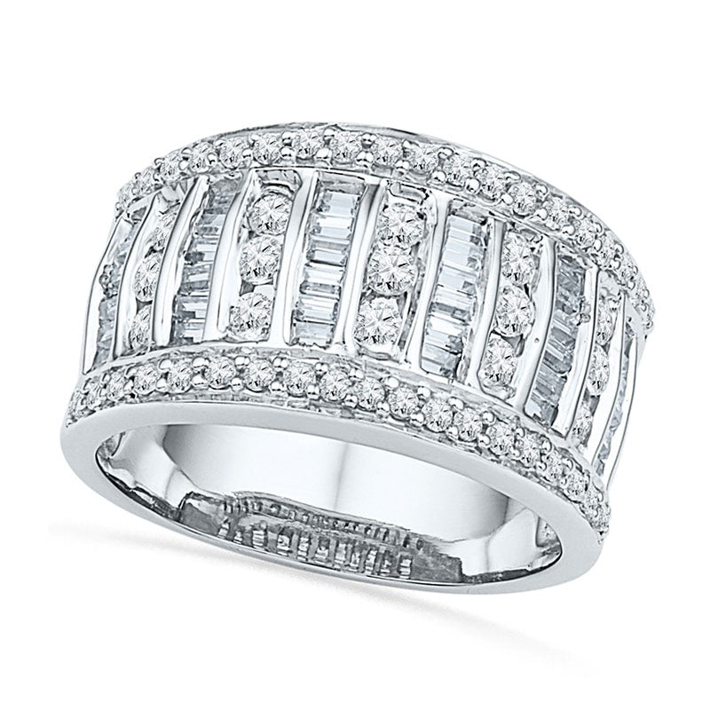 1.0 CT. T.W. Baguette and Round Natural Diamond Multi-Row Band in Solid 10K White Gold