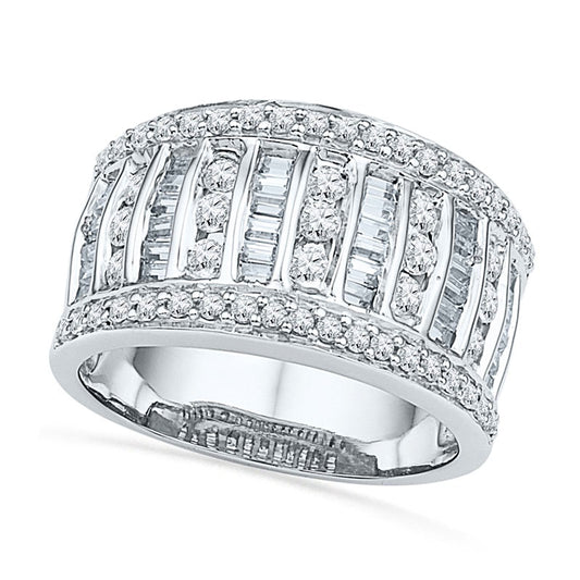 1.0 CT. T.W. Baguette and Round Natural Diamond Multi-Row Band in Solid 10K White Gold