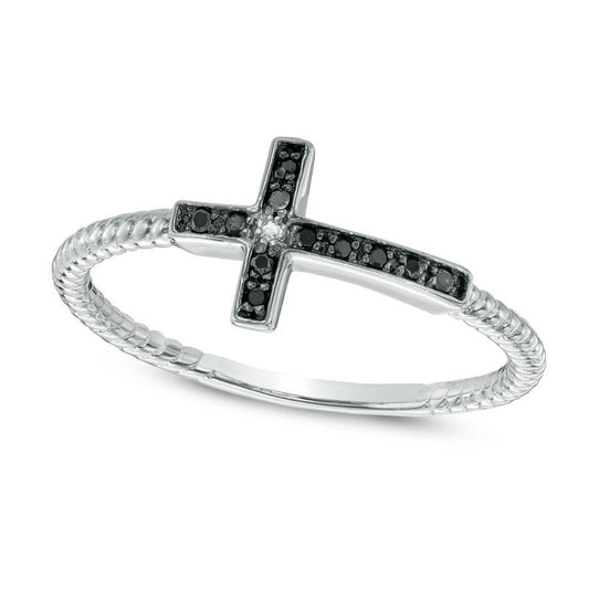Enhanced Black and White Natural Diamond Accent Sideways Cross Ring in Sterling Silver