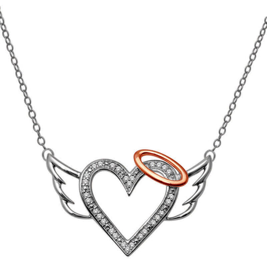 Natural Diamond Accent Heart with Halo and Wings Pendant in Sterling Silver and 10K Rose Gold