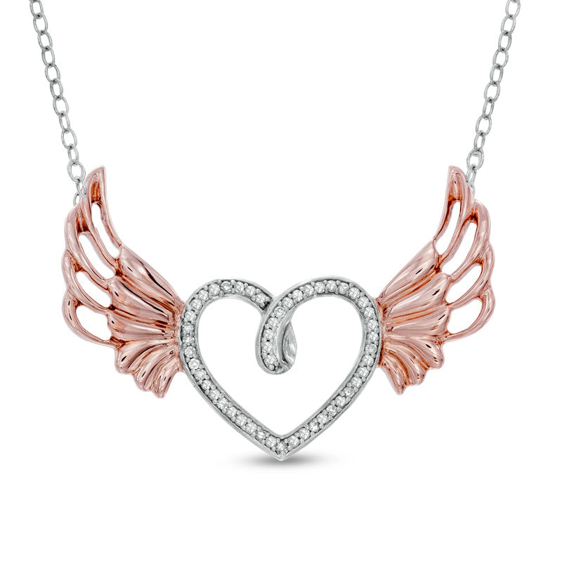 0.13 CT. T.W. Natural Diamond Heart with Wings Pendant in Sterling Silver and 10K Rose Gold