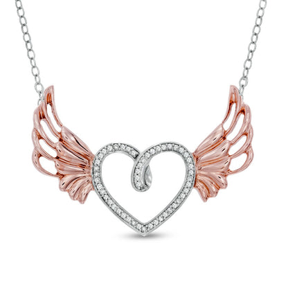 0.13 CT. T.W. Natural Diamond Heart with Wings Pendant in Sterling Silver and 10K Rose Gold