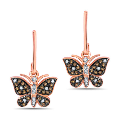 0.25 CT. T.W. Champagne and White Diamond Butterfly Drop Earrings in 10K Rose Gold
