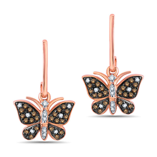 0.25 CT. T.W. Champagne and White Diamond Butterfly Drop Earrings in 10K Rose Gold