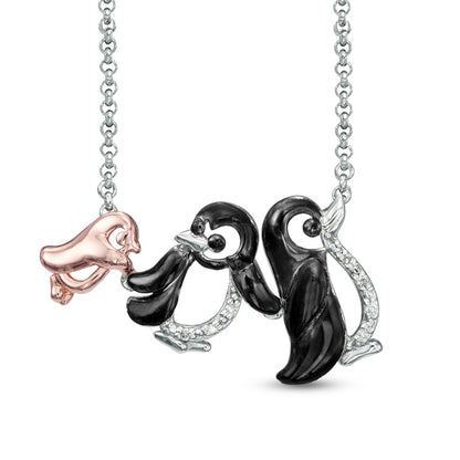 Natural Diamond Accent Penguin Family Necklace in Sterling Silver and 18K Rose Gold Plate - 16"
