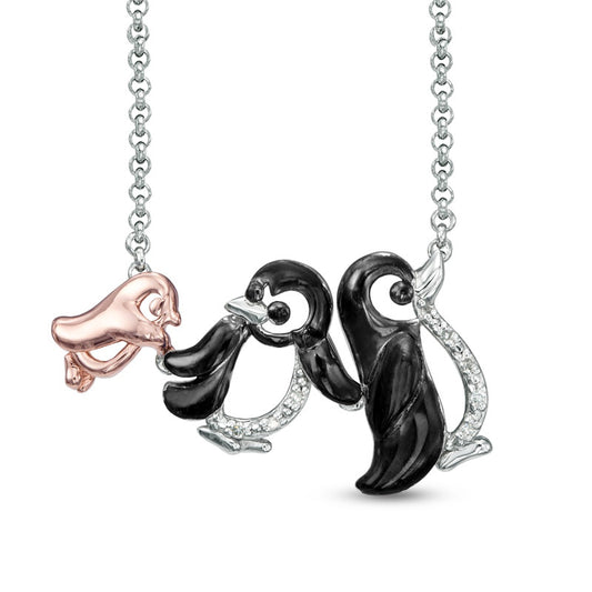 Natural Diamond Accent Penguin Family Necklace in Sterling Silver and 18K Rose Gold Plate - 16"