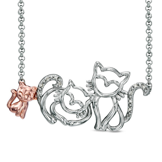 Natural Diamond Accent Cat Family Necklace in Sterling Silver and 18K Rose Gold Plate - 16"