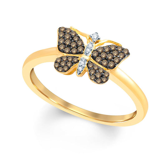 0.20 CT. T.W. Champagne and White Natural Diamond Butterfly Ring in Solid 10K Yellow Gold