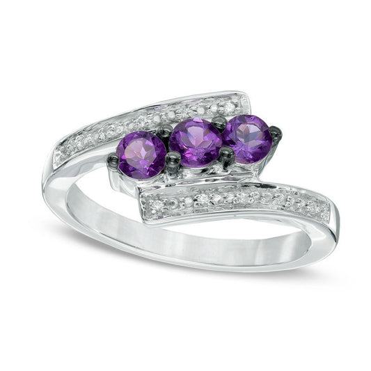 Amethyst and Natural Diamond Accent Three Stone Bypass Ring in Sterling Silver