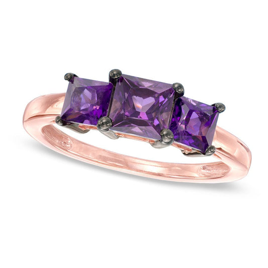 Princess-Cut Amethyst Three Stone Ring in Solid 10K Rose Gold