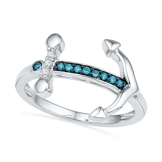 0.10 CT. T.W. Enhanced Blue and White Natural Diamond Sideways Anchor Ring in Solid 10K White Gold