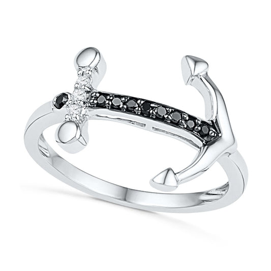 0.10 CT. T.W. Enhanced Black and White Natural Diamond Sideways Anchor Ring in Solid 10K White Gold