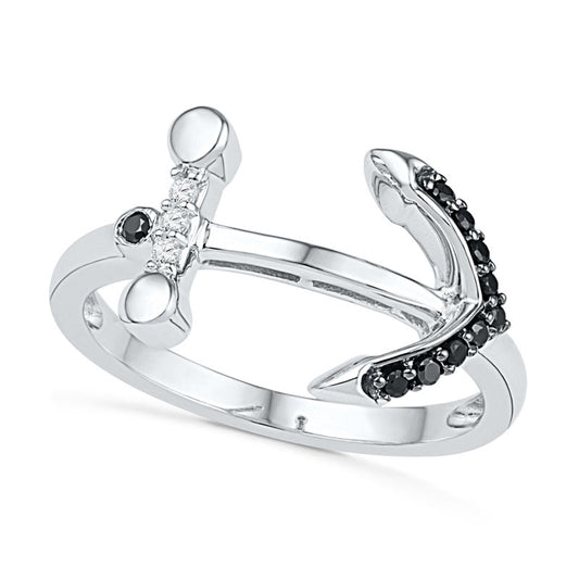 0.10 CT. T.W. Enhanced Black and White Natural Diamond Sideways Anchor Ring in Sterling Silver