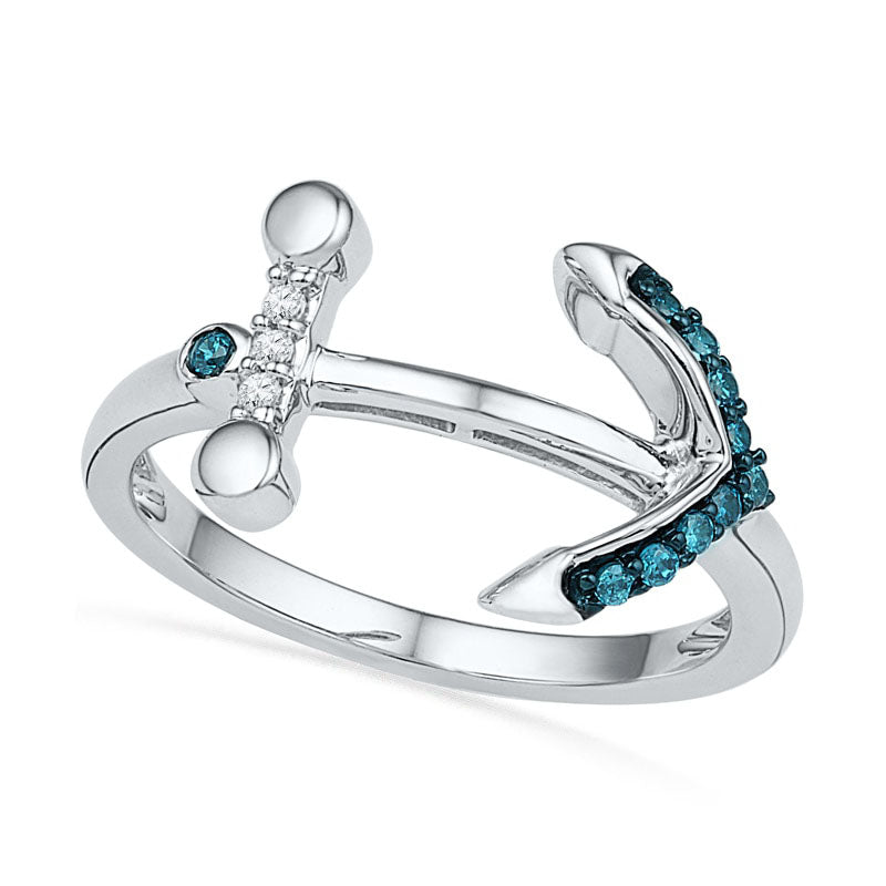 0.10 CT. T.W. Enhanced Blue and White Natural Diamond Sideways Anchor Ring in Sterling Silver