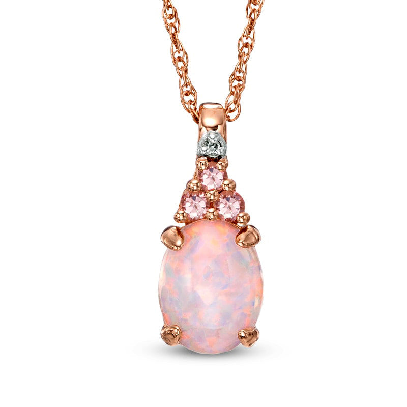 Oval Lab-Created Opal, Pink Tourmaline and White Sapphire Pendant in Sterling Silver with 14K Rose Gold