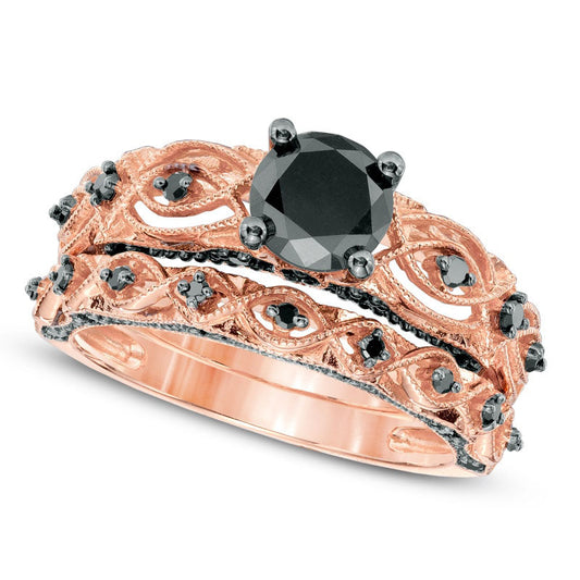 1.38 CT. T.W. Enhanced Black Natural Diamond Antique Vintage-Style Bridal Engagement Ring Set in Solid 10K Rose Gold