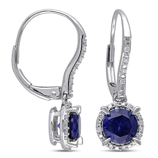 6.0mm Lab-Created Blue Sapphire and 0.1 CT. T.W. Diamond Frame Drop Earrings in 10K White Gold