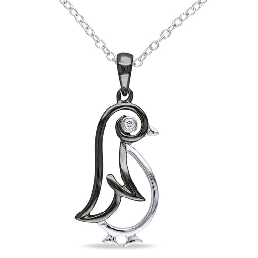 Natural Diamond Accent Penguin Pendant in Two-Tone Sterling Silver