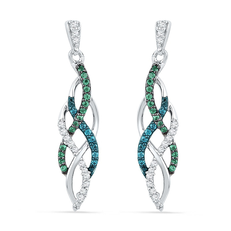 0.25 CT. T.W. Enhanced Blue, Green and White Diamond Braided Drop Earrings in 10K White Gold