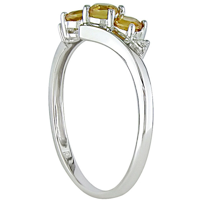 Citrine and Natural Diamond Accent Three Stone Ring in Solid 10K White Gold