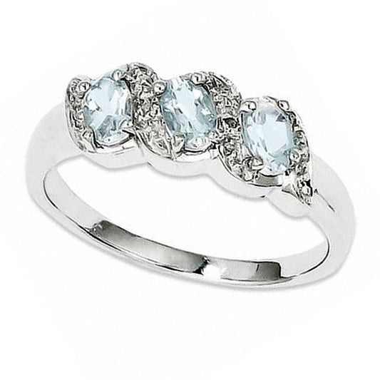 Oval Aquamarine and Natural Diamond Accent Three Stone Ring in Sterling Silver - Size 7