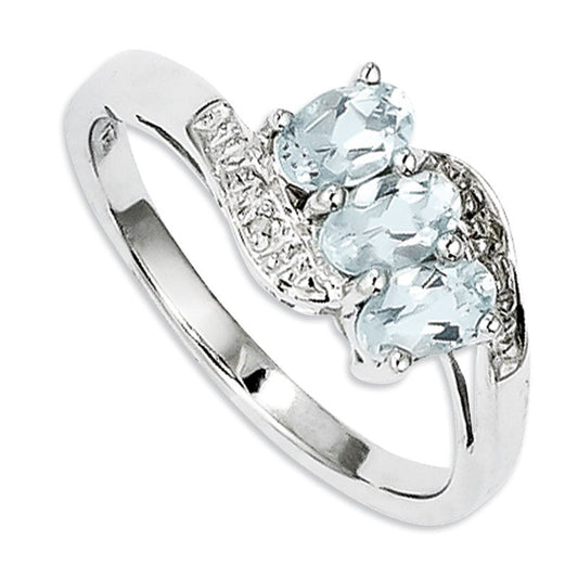 Oval Aquamarine and Natural Diamond Accent Three Stone Ring in Sterling Silver - Size 7