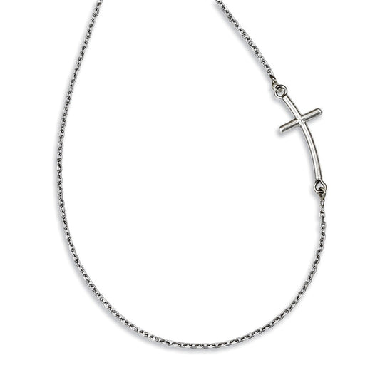 Large Sideways Curved Cross Necklace in 14K White Gold - 19"