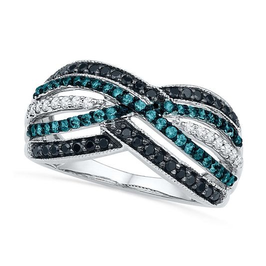 0.63 CT. T.W. Enhanced Black, Blue and White Natural Diamond Layered Crossover Ring in Solid 10K White Gold