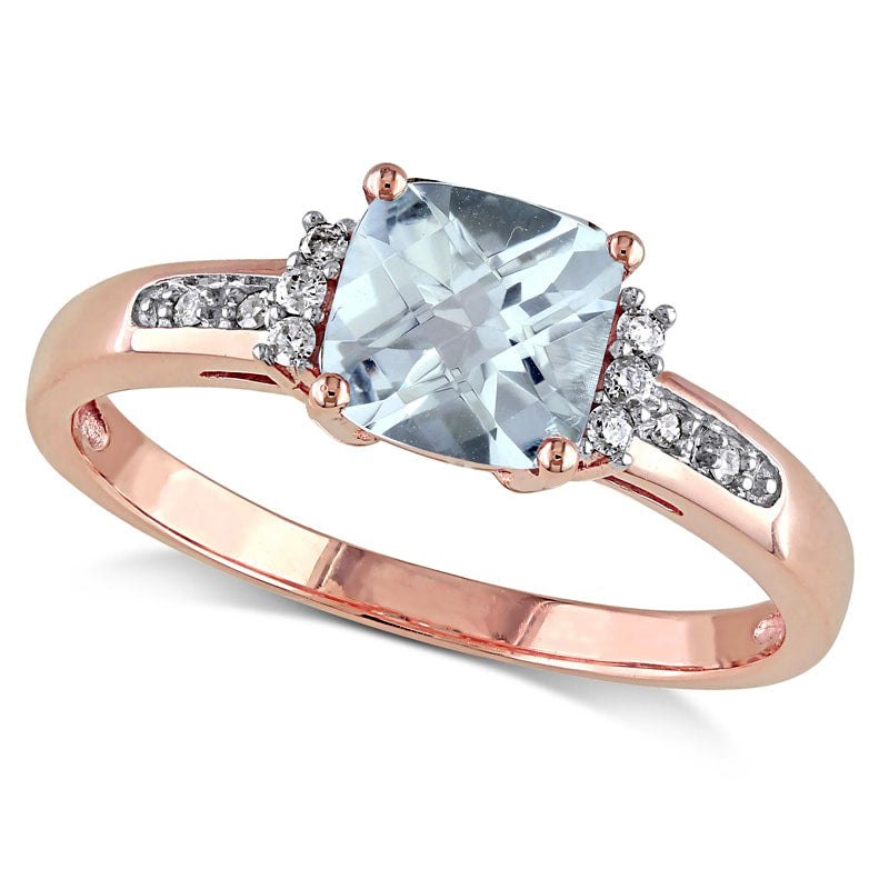6.0mm Cushion-Cut Aquamarine and Natural Diamond Accent Engagement Ring in Solid 10K Rose Gold
