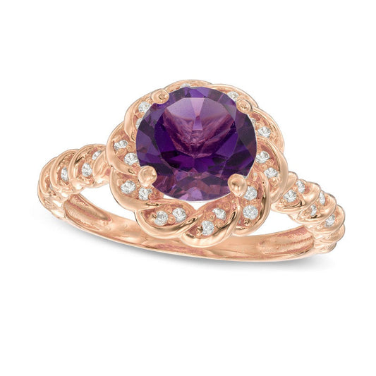 8.0mm Amethyst and Lab-Created White Sapphire Frame Flower Ring in Sterling Silver with Solid 14K Gold Plate