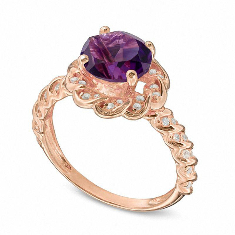 8.0mm Amethyst and Lab-Created White Sapphire Frame Flower Ring in Sterling Silver with Solid 14K Gold Plate